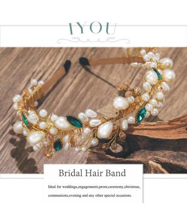 IYOU Pearl Wedding Headband Gold Crystal Bride Hair Bands Crown Rhinestone Prom Bridal Hair Accessories for Women - Buy Online on GoSupps.com