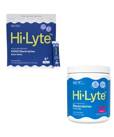 Hi-Lyte Hydration Bundle - Keto K1000 Unflavored Electrolyte Packets (30 Servings) Raspberry Electrolyte Powder (90 Servings)
