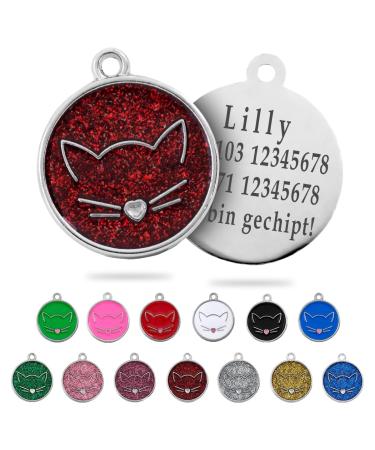 Ibera Gifts - Personalized cat brand for medium to large cats in a round form with a cat with engraving names collar brand brand address trailer cat neck band (red glittering) red glitter