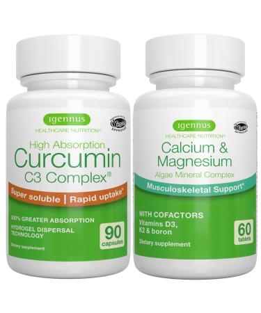 Algae Calcium & Magnesium Complex + High Absorption Curcumin C3 Complex Vegan Bundle for Bones Joints & Recovery from Exercise by Igennus