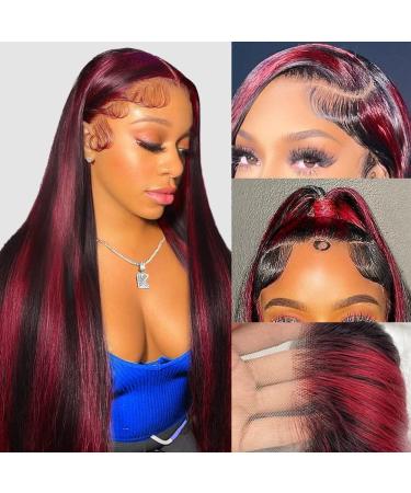 XNJ Skunk Stripe Wigs Burgundy 13x4 Human Hair Wigs Pre Plucked Highlight Wig With Baby Hair 150% Density 1B/99J HD Lace Frontal Wig 10a Straight Lace Front Wigs Human Hair(24inch) 24 Inch