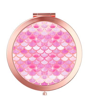 Imiao Makeup Mirror Rose Gold Compact Mirror Portable Hand Mirror Round Mini Pocket Mirror with 2 x 1x Magnification for Woman Mother Girls Great Gift (Mermaid Scales)