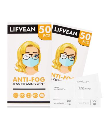 LIFVEAN Anti-Fog Wipes for Glasses Lens Pre-moistened Cleaning Wipes for Eyeglasses, Face Shields, Goggles, Ski Masks, 100 Pcs Individually Wrapped 50 Count (Pack of 2)