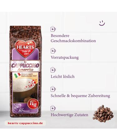 Hearts Cappuccino Amaretto Pack of 2 (2 x 1 kg) instant powder soluble coffee powder 160 cups - Buy Online on GoSupps.com