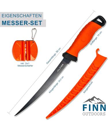 Finn Outdoors Filleting Knife Set - Stainless Steel Fishing Knife & Sharpener | Cut Protection Gloves (Orange) - Buy Online on GoSupps.com