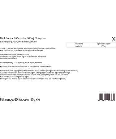 Life Extension L-Carnosine 500mg High Dose 60 Vegan Capsules | Laboratory Tested | Gluten-Free | Vegetarian | Soy-Free | Non-GMO - Buy Online on GoSupps.com