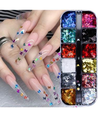 3D Butterfly Nail Glitter Sequins Laser Butterfly Nail Art Supplies 12 Colors Holographic Nail Sequin Butterfly Nails Supply Design Colorful Flakes Nail Art Sticker Manicure Tips Charms Decoration