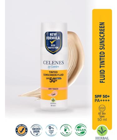 Celenes by Sweden Herbal/Vegan Tinted Sun Cream Fluid SPF50+ 50 ml Mineral Sunscreen Filters Broad Spectrum-Blue Light Protection Sunscreen SPF 50 Sun Cream SPF 50 Waterproof/Paraben/Perfume Free Sun Fluide Tinted SPF50+ - Buy Online on GoSupps.com