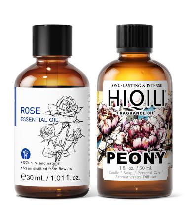 HIQILI 30ML Rose Essential Oil & 30ML Peony Fragrance Oil for DIY Diffuser