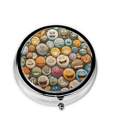 Cute Smiley face Portable Metal Pill Box Round Mini 3-Compartment Plastic Insert hinged Fastening Design Suitable for Small Pills Must-Have for Travel Black