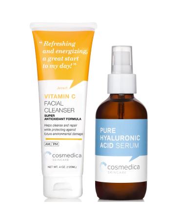 Cosmedica Skincare Vitamin C Facial Cleanser & Hyaluronic Acid Serum 4 oz Each Bundle Anti-Aging Face Cleanser and Hydrating Facial Moisturizer for Radiant and Refreshed Skin