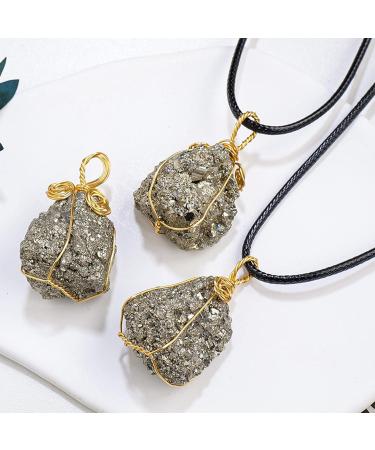 Pyrite Pendant Necklace - Gold Wire Wrap Rough Pyrite Pendants - Regular Handmade Healing Crystal Necklace with Black Macrame Cord Yechun - Buy Online on GoSupps.com