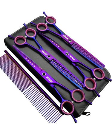 7.0 inches Professional Dog Grooming Scissors Set Straight & thinning & Curved & chunkers & comb 5pcs in 1 Set for left-handed & right handed Right-handed Purple