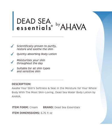 Dead Sea Essentials Hydrating Body Lotion - Vegan Moisturizer for Dry Skin & Anti-Aging Treatment - 6.76 fl oz - Buy Online on GoSupps.com
