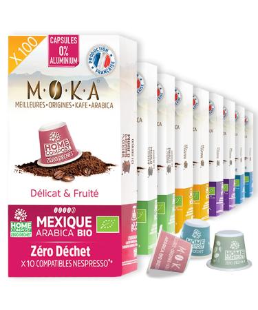MOKA 100 Organic Compostable Capsules 100% Pure Arabica Mexico Honduras Ethiopia Brazil Peru - Compatible with Nespresso Capsule Machines - Intensity 6-8 - Home Compost - Roasted in France…