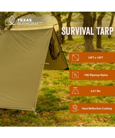 Texas Bushcraft Emergency Camping Tarp 10x10 - Waterproof Shelter for Backpacking and Hiking | 70D Ripstop Nylon Survival Tarp with Reflective Aluminized Polymer - Buy Online on GoSupps.com