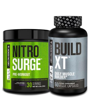 Jacked Factory Nitrosurge Pre-Workout in Grape & Build XT Muscle Building Bundle for Men & Women
