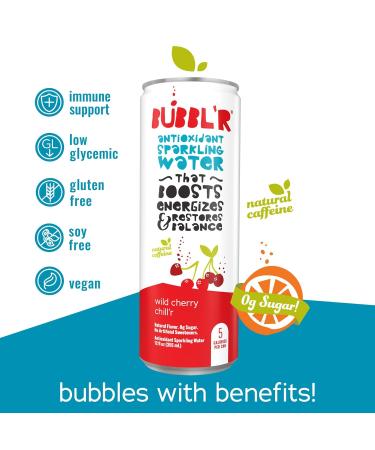 BUBBL R Wild Cherry Chill r - Antioxidant Sparkling Water with Caffeine 0g Sugar Gluten-Free All-Natural Flavors | 12 Pack (12 Fl Oz Cans) - International Shipping Available - Buy Online on GoSupps.com