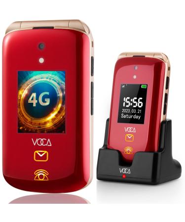 VOCA Big Button Flip Phone for Elderly | Dual Screen | Unlocked 4G LTE | Loud Volume | SOS Button | Hearing Aid Compatibility | Charging Dock | Predictive Text | V543 (Red)