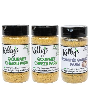 Kellys Gourmet Cheezy Parmesan 3-Pack, 5oz each, 2 Cheezy & 1 Roasted Garlic. Cashew based cheese alternative. Dairy-Free, Soy-Free, Gluten-Free & VEGAN.