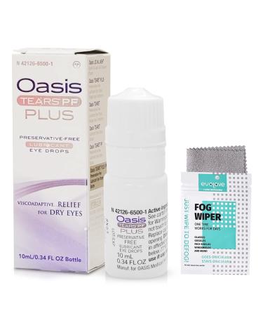 Oasis TEARS Plus Preservative-Free Lubricant Eye Drops Relief for Dry Eyes, 0.34 Ounce - Bundled with One Reusable Anti Fog Cloth for Eyeglasses by Maxim Eye