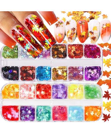 Fall Leaf Glitter Nail Sequins, 24 Colors Holographic Maple Leaf Nail Art Flakes Orange Gold Red Autumn Leaf Glitter Sticker Decals Manicure DIY Thanksgiving Decorations Fall Leaf-2Boxes