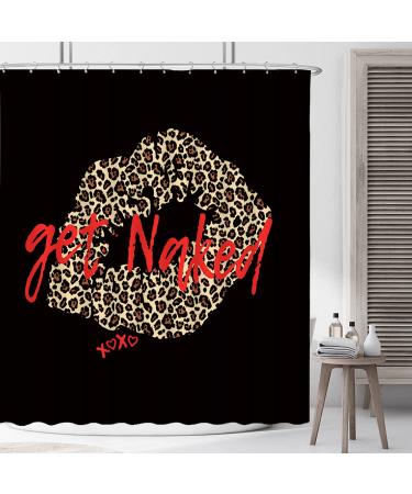 Get Naked Shower Curtain Leopard Print Funny Cheetah Sexy Lips Funny Kiss Charming Fashion Girl Ladies Bathroom Decor Set with Hooks Red Brown