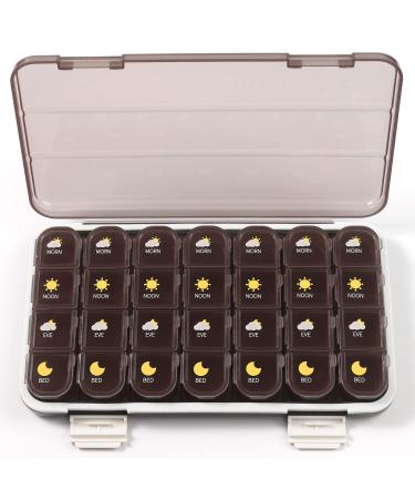 OuYteu Large Pill Organizer 4 Times a Day 7 Days a Week Weekly Pill Box Pill Case with Dust-Proof Case for Pills/Vitamins/Fish Oil/Supplements 28 Small Compartments for Pill Dispensing Brown