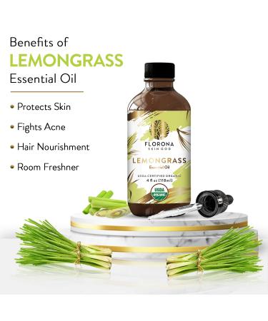 Florona Lemongrass Essential Oil USDA Organic - 4 fl oz | Therapeutic Grade for Hair & Skin Care, Diffuser Aromatherapy - Buy Online on GoSupps.com