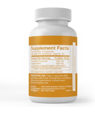 Pure Turmeric Curcumin & Ginger Capsules - 100 Count | Lab Verified, No Additives | 100% Original Ingredients - Buy Online on GoSupps.com