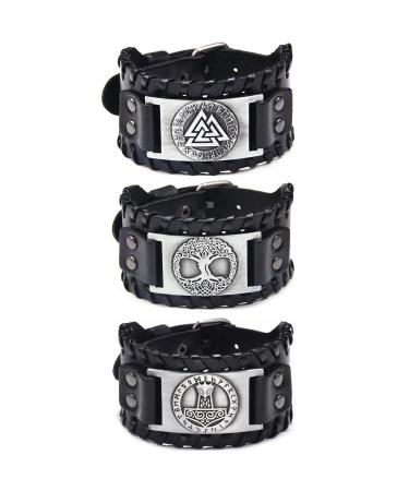 Sehaby 3 Pieces Vintage Leather Bracelets Black Odin Rune Bracelets Tree of Life Wide Leather Bracelets Viking Thor's Hammer Pattern Bracelets Nordic Leather Cuff Bracelets for Men