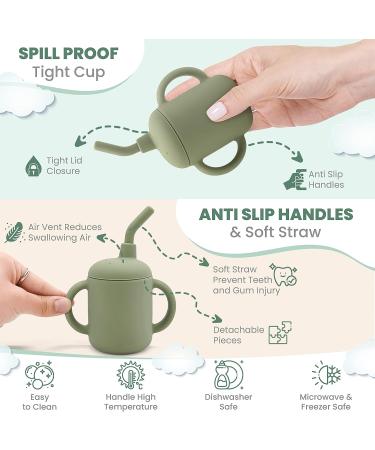 Ezvita Silicone Sippy Cup with Straw | Spill Proof Lid, Anti-Slip Handles | Fun Learning Tumbler for Babies & Toddlers | Freezer, Microwave, Dishwasher Safe - Silver Sage - Buy Online on GoSupps.com