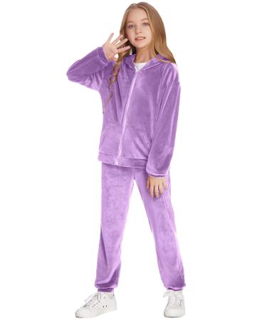Hopeac Girls Casual Basic Velour Zip Up Hoodie Sweatsuit Tracksuit Set Jogger Clothes Outfits Lavender 13-14 Years