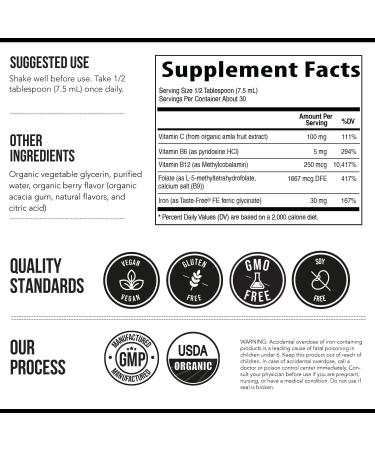 Liquid Iron Supplement | Organic Certified Berry Flavor - Whole Food Vitamin C Absorption Boost & Blood Building B Vitamins - Methyl B12 L-Methylfolate & B6 - Supports Healthy Iron Levels - 7.6 oz - Buy Online on GoSupps.com