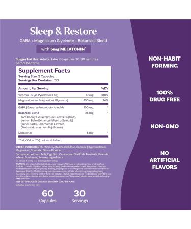Natrol Sleep & Restore Capsules - Calm Magnesium Glycinate Magnesium Sleep Aid with GABA Melatonin 5mg Botanical Blend 30 Day Supply Unflavored 60 Count (Pack of 1) - Buy Online on GoSupps.com