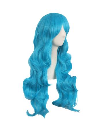 MapofBeauty 28 Cyan Blue Long Curly Wig with Side Part Bangs | Charming Full Hair for Women - International Shipping Available - Buy Online on GoSupps.com