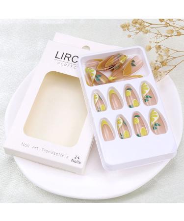 Summer Medium Lemon Press-On Almond Yellow False Nails - Full Cover Sticker with French Tips for Women and Girls - Buy Online on GoSupps.com