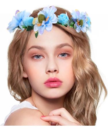 Lurrose Flower Head Wreath Floral Crown Headpiece Flower Headband with Adjustable Ribbon for Party Wedding Festival Sky blue - Buy Online on GoSupps.com
