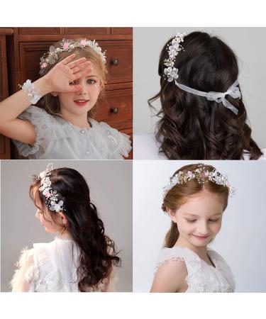 Wedding Flower Headpieces Set for Girls - Rhinestone Headband & Wrist Corsage | Pearl Flower Crown & Crystal Tiara for Flower Girls - Buy Online on GoSupps.com