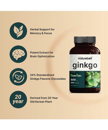 Naturebell Ginkgo Biloba Extract 500mg 300 Capsules | GinkoVida - Memory & Focus Support - Buy Online on GoSupps.com