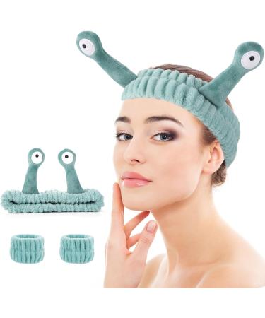 WLLHYF Spa Headband Face Wash Wristband Set Makeup Head Band Snail Coral Fleece Hair Band Skincare Hairband Elastic Creative Cartoon Head Wraps Cute Hair Accessories for Women Girls (Green) - Buy Online on GoSupps.com