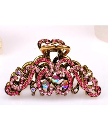 TROTH FASHION Metal Antique Silver Plated Hair Clips Women Crystal Rhinestone Hair Claw Diamante Claw Hair Clamp Anti Slip Large Claw Clips for Thin & Thick Hair Hair Styling Accessories Women Antique Gold Pink