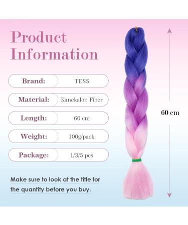 Tess Braids Blue 60 cm Extensions - 5 Pack Jumbo Kanekalon Ombre Hair Braids (Blue/Purple/Pink) for Box Braids - 100g per Bundle - Buy Online on GoSupps.com