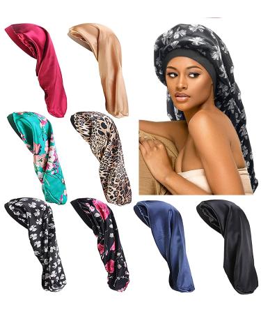 8pcs Satin Long Bonnet Caps for Women Large Hair Bonnets for Sleeping Elastic Band Bonnet Hats for Long Hair and Dreadlock Multicolor