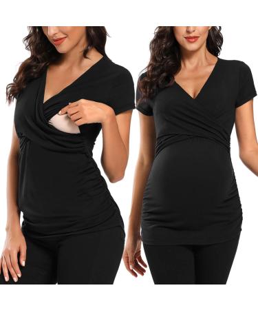 Love2Mi Maternity Nursing Shirt Short Sleeve V-Neck Breastfeeding T-Shirt Pregnancy S Black