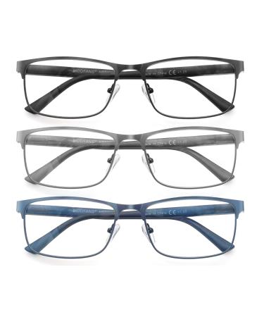 MODFANS 3 Pack Reading Glasses Men Blue Light Filter Metal Frame Rectangle Style Stainless Steel Material +1.75 Color124