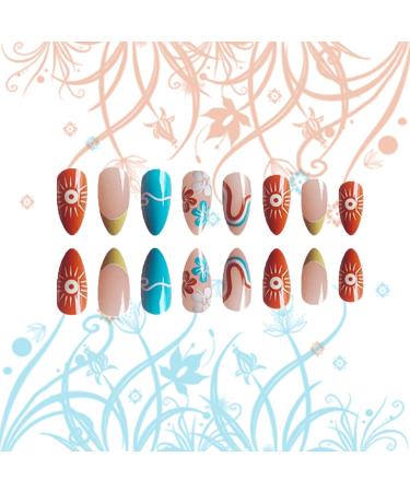 Buy 24Pcs Summer Sun Press On Nails - French Tips Medium Almond Acrylic Fake Nails with Waves Design for Women & Girls | Glossy Colorful Curve Line Manicure Art - Buy Online on GoSupps.com