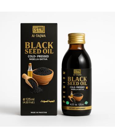 AL-TAQWA Black Seed Oil Extra Virgin Nigella Sativa (Kalonji) Oil for Hair Skin & Wellness Cold-Pressed Unrefined Non-GMO Vegan Halal 4.22oz (125ml) Amber Glass Bottle