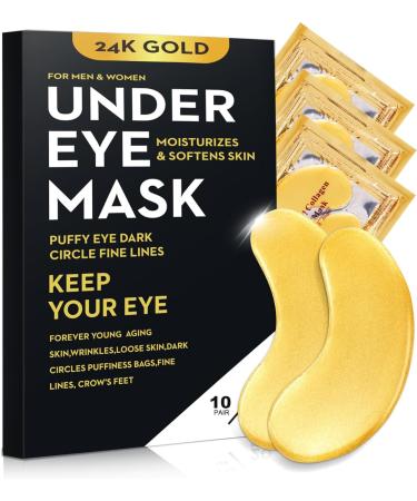 20Pcs/10Pairs Under Eye Patches Gold for Dark Circles Puffy Eyes and Wrinkles 24K Gold Eye Mask for Face Eye Cream for Men and Women 1 Count (Pack of 10)