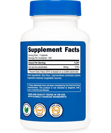 Nutricost Zinc Picolinate 30mg 120 Capsules - Gluten Free and Non-GMO 120 Count (Pack of 1) - Buy Online on GoSupps.com